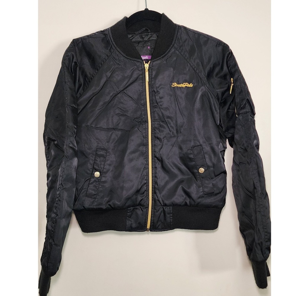 Y2K VTG Southpole Womens sz M Black Quilted Bomber Jacket Gold Zipper Streetwear